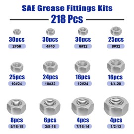 218 PCS SAE Stainless Steel Hex Nut Assortment Kit, 2#56 4#40 6#32 8#32 10#24 10#32 12#24 1/4-20 5/16-18 3/8-16 7/16-14 1/2-13, 304 Stainless Steel Nuts Set