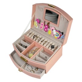 LG7241 Large Travel Jewelry Storage Box 2-Layer PU Leather Button Closure Organizer for Earrings Rings and Jewelry Stockscolor: Pink