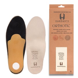 HANDARTE Genuine Leather Orthotic Insoles for Flat Foot Arch Support - Orthopedic Vegetable Tanned - Odor Eater Natural Padded Latex Foam with Keychain Gift (US M10 | EU44)