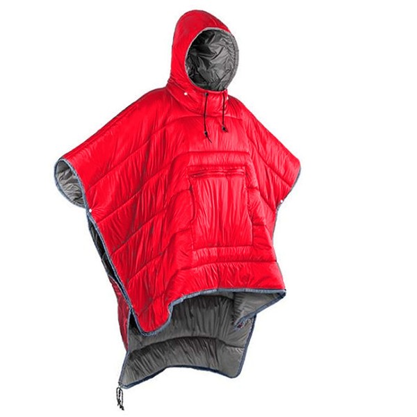 Winter Hoodie Poncho Coat Outdoor Camping Warmth Small Quilt Blanket Water-resisitant Sleeping Bag Cloak Cape with Hat (Red)