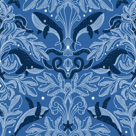 ReWallpaper Blue Wallpaper Peel and Stick Modern Navy Blue Ocean Wallpaper for Bedroom 17.5in×23ft Blue and White Wallpaper Coastal Whale Fish Wallpaper Self Adhesive Vinyl for Bathroom Living Room