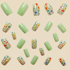 MIXFOSAHN Flower Press on Nails Short Square Fake Nails Green False Nails with Artistic Floral Designs Glossy Full Cover Stick on Nails Glue on Nails Flower Nails Acrylic Nails for Women Girls 24 Pcs