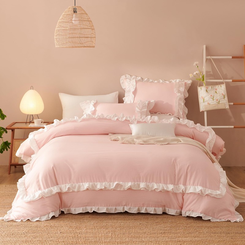 Jolusere Ruffle Comforter Set Queen Pink 3 Pieces Shabby Chic