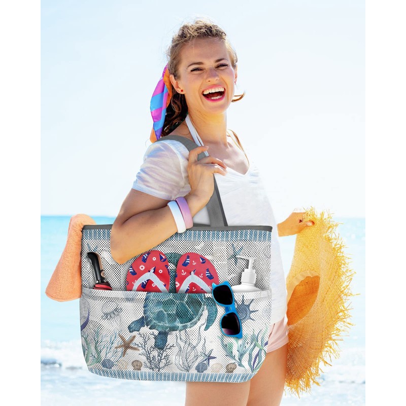 Large Beach Themed Patterned 7 Pocket Mesh Sand-Proof Beach Bag