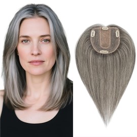 SEGOHAIR Hair Topper for Thinning Hair, Human Hair, 4 Clips, Silk Base 3.94x4.72, 12 Inches, Light Salt and Pepper Color, Style without Front Bangs, Achieve a Fuller, More Youthful Appearance