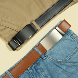2 Pack Ratchet Belt 1 3/8", Mens leather Dress Belt in Gift Set Size 28"-62" Adjustable waist Trim to Fit (Black/Brown Leather Belt, 28"-34" Waist Adjustable)