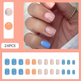 Extra Short Press On Nails，Short Glue On Nails, Nails Press Ons, Square Short Fake Nails Glossy Blue False Nails with Small Floral Press ons Designs Artificial Nails Stick on Nails for Women 24Pcs