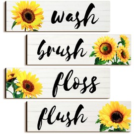 Jetec 4 Pieces Bathroom Wall Decor Signs Wash Brush Floss Flush Sunflowers Rustic Bathroom Wooden Signs Sunflower Wood Wall Plaque Vintage Wooden Decor for Laundry Room(White)