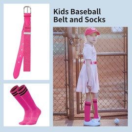 AWAYTR Youth Baseball Socks and Belt - Kids Softball Belts and Socks Combo for Youth Boys Girls (Hot Pink, Fit waist 20" - 34" (Rec 6-15yrs))