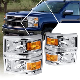 PM PERFORMOTOR LED DRL Headlight Assembly Compatible with Chevy Silverado 14-15 | Headlamps with Chrome Housing Amber Corner