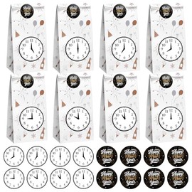 Tenceur 8 Pack New Year's Eve Countdown Paper Gift Bags with 16 Stickers Bulk Happy New Year Party Favors Treat Goodie Candy Bags for Kids Midnight Celebration Activities Party Supplies, 5"x3"x9"
