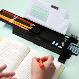Pop Up Multifunction Pencil Case, Cute Cartoon Pen Box Organizer Stationery with Calculators, Sharpener, Schedule, School Supplies, Best Birthday Gifts (Black)