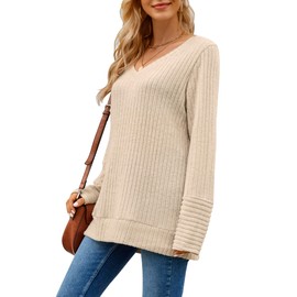 PLOKNRD Women's Winter Casual Long Sleeve Oversize Sweater V-Neck Lightweight Tops, apricot