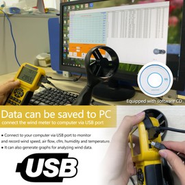 HoldPeak CFM Meter HVAC Anemometer with USB, Handheld Wind Speed Air Flow Velocity Meter Tester Gauge 100MPH with Temperature, MAX/MIN/AVG, Backlight, Memory Functions HP-856A