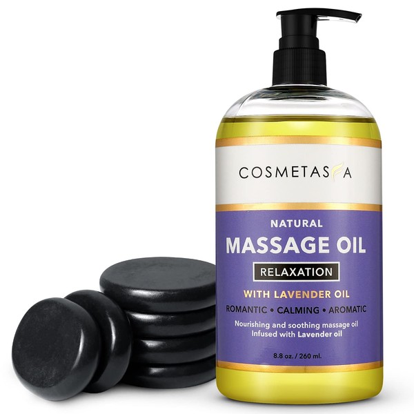 Natural Massage Oil with Hot Stones - No Stain 100% Natural Blend of Spa Quality Oils (Lavender)