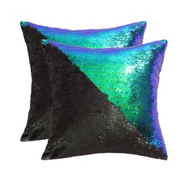 SquarePie Reversible Sequin Pillow Covers Set of 2, Mermaid Decorative Pillowcases, Magic Color Changing Flip Sequin Throw Cushion Cases, 18x18 Inches Black and Fantasic Green