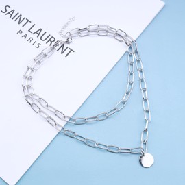 Yienate Punk Layered Chunky Necklace Choker Silver Paperclip Chain Necklace Hip-hop Statement Coin Pendant Necklace Rock Sequin Pendant Layered Necklace Charm Jewelry for Women and Girls