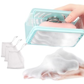 Soap Box Bubbler with Roller and Drain Holes,2 in 1 Soap Cleaning Storage Foaming Box,Multifunctional Travel Soap Container for Bathroom/ Camping/Gym with Bubble Mesh Bags (Grey+Blue)