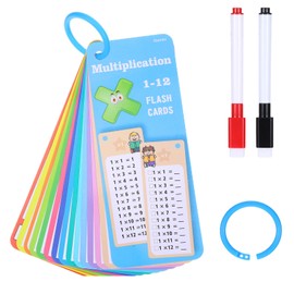 1x1 Flashcards, 15 Pieces Multiplication Table and 2 Dry Wipe Markers, Erasable and Reusable. Suitable for School, Home Teaching (Storage Ring Included)