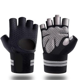 VICKEYWIN Breathable Workout Gloves for Men Women, Padded Gloves with Wrist Wraps Support, Full Palm Protection, Grip for Gym Training, Fitness, Weightlifting, Exercise Fingerless(Black-Long-M)