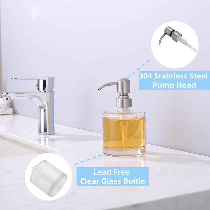 ICREEH Clear Glass Bathroom Soap Dispenser with Rust Proof Stainless