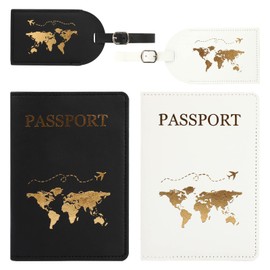 Qinsky Luggage Tags Travel Passport Covers Set,2 Luggage Tags and 2 Passport Cover PU Leather Passport Holder Travel Wallet and Suitcase Tags for Storing Boarding Passes Credit Card (White, Black)