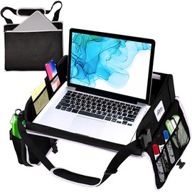 Travel Lap Desk, Travel Tray, Portable Lapdesk for Car, Remote Work, Road Trips, School, Laptop Pad with Storage Pocket, Tablet Holder, Shoulder Strap, Fits up to 15.6-Inch Laptop (Black)