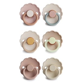 FRIGG Multipack Latex Dummies | Pack of 6 | Natural Rubber/Natural Rubber | Made in Denmark | Symmetrical Cherry Teat | (Blossom Blend, Size 2 (6-18 Months))