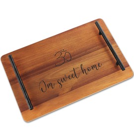 Tray for Ottoman Coffee Table, Om Sweet Home Large Modern Decorative Rectangular Serving Wood Decor with Metal Handles Elegant Living Room Kitchen Boho Diwali (Black Handles)