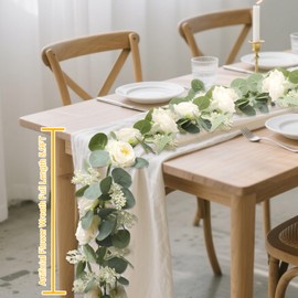 Set of 2 Eucalyptus Garland with Flowers, 6.6Ft Artificial Greenery Flower Garlands,Realistic Fake Rose Vine Faux Greenery for Party Wedding Backdrop Table Home Mantl Decor (champagne color)