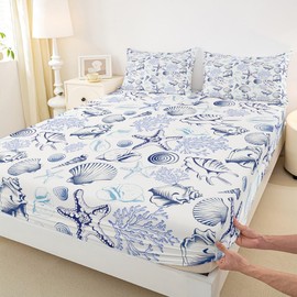 Homewish - Juego de sábanas bajeras costeras de tamaño individual, 2 piezas, juego de cama de coral con diseño de océano marino para niños, adolescentes, adultos, decoración de recámara, color azul