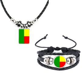 Benin West Africa Black Leather Bracelet And Soft Rope Necklace With Velvet Gift Bag