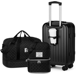 Luggage Sets for Women Men 4 Piece - Carry on Hardside Suitcase 20inch with USB Port, 360° Spinner Wheels, Duffel Bag, Cup Holder, Lightweight Luggage Set for Travel Vacation
