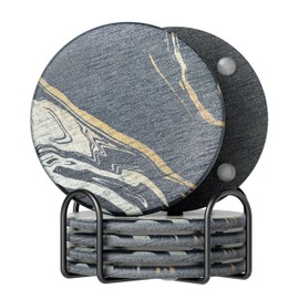 Absorbent Stone Coaster with Holder Set of 6 - Diatomite Drink Coasters for Table Protection - Modern Coffee Table and Bar Decor - Perfect Housewarming Gift