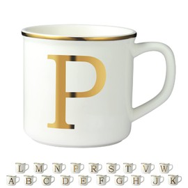 Miicol - Taza de café de cerámica de 16 onzas, taza de café con monograma, taza de té con inicial dorada, taza de té personalizada, regalo único, taza grande para el hogar, oficina, letra P