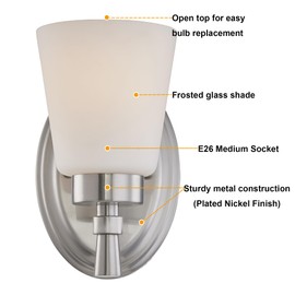 GRUENLICH 1-Light Wall Sconce, Bathroom Vanity Lighting Fixture, E26 Base 60W Max, Metal Housing with Glass, Nickel Finish, 1-Pack