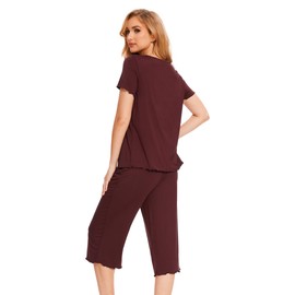 LazyCozy Pajamas for Women - Viscose made from Bamboo, Summer Short Sleeve Top with Capri Pants 2 Piece Pjs Set, C - Ficus Red, Large