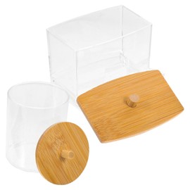 SHOWERORO 1set Cotton Swab Box Bamboo Lid Multi-purpose Makeup Pads Holder Compact Storage for Cotton Buds Toothpicks and Accessories for Bathroom Vanity Use
