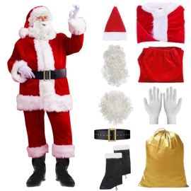 ArtCreativity Santa Costume for Men - 9 PC Mens Santa Costume - Deluxe Santa Claus Suit for Men with Gold Gift Bag for Christmas, New Year, Parties, Birthdays - Quality Red Plush Adults Santa Suit