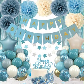 Blue Birthday Decorations - Blue Party Decor Balloons with Happy Birthday Banner Fringe Curtain Background Blue Pom Poms, Light Blue Birthday Decorations for Baby Boys Girl Men Women