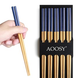 AOOSY 5-Pair Reusable Chopsticks,Natural Bamboo Chopsticks Classic Japanese Chop Sticks Gift Set, Dishwasher Safe,8.8 Inch/22.5cm(Blue Wave Chopsticks with box)