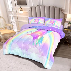 Kids Comforter Bedding Set 3 Pieces Super Soft Breathable Print Kids Bedding Sets for Girls, Machine Washable Durable Comforter Set with Comforter, 2 Pillowcases Rainbow(Twin, Purple Unicorn)