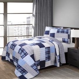 Lush Decor, Navy Greenville 3 Piece Quilt Set, Full/Queen