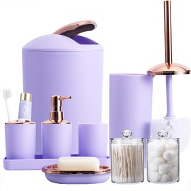 BSSN 9-Piece Purple Bathroom Accessories Set, Complete with Trash Can, Soap Dispenser, Soap Dish, Toilet Brush with Holder, Toothbrush Holder, Tumbler Cup, Tray, Qtip-Holders