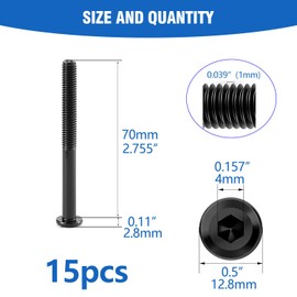 M6x70mm 15Pcs Flat Head Hex Socket Cap Screws Bolts,Furniture Screws,Carbon Steel,Partial Thread, Black Oxide by Socell (with Hex Spanner)