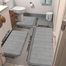 Knit Fabric Bath Rug Set 3-Piece, Geometric Pattern Coral Fleece Bathroom Mats, Non-Slip Backing, Hand Wash, Embossed Striped Design, Soft Comfortable Polyester Rugs with 300gsm Weight, 0.59inch Thickness - Bathroom Accessories Decor - Color: grey