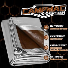 CAMPMAC Tarps Heavy Duty Waterproof 12x16 Ft, 10 Mil Thick, High Durability, Rip, UV Resistant and Tear Resistant with Metal Gromets Every 20 Inches (Silver/Brown - Reversible)