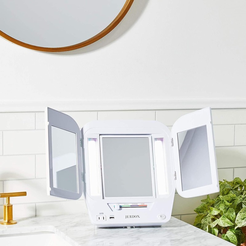 JERDON Modern Tri-Fold Makeup Mirror with Lights - Vanity Mirror