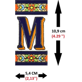 Handpainted polichrome ceramic tiles. letters and numbers handpainted using dry rope technique perfect to create signs,addresses and names. Design FLORES MEDIANO 4,29"X2,13" (LETTER M)