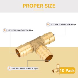 GUOFIS PEX A Expansion Fitting,1/2 Inch F1960 Expansion Brass Tee,10 Pack 1/2"x 1/2"x 1/2" Tee for PEX A Pipe Tubing Connection